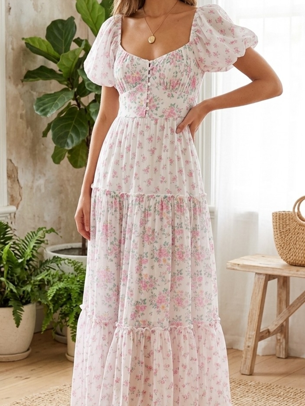 Altar D State Floral Puff-Sleeve Maxi Dress - Pink